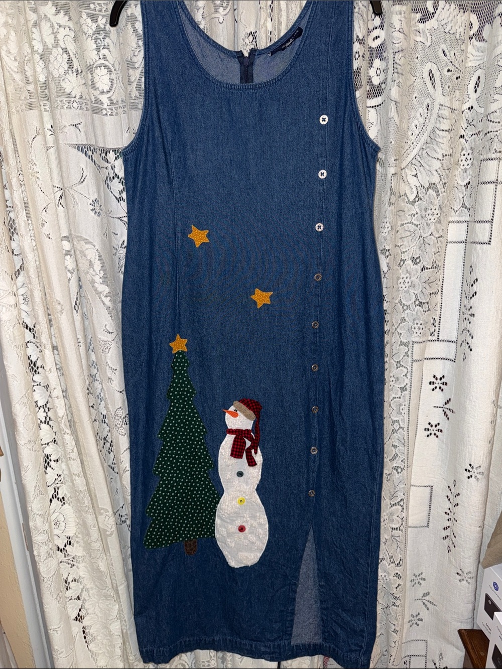 Mountain Lake Denim Blue Sleeveless Maxi Dress with Snowman & Tree Appliqué